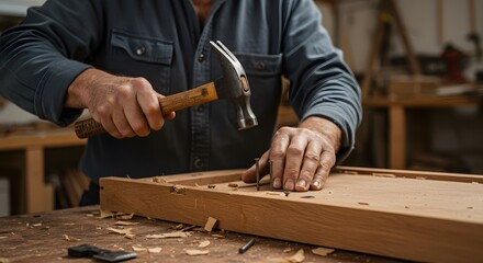 Detail of a carpenter's hands focusing on the delicate task of hammering a nail into wood, embodying precision and traditional craftsmanship in a workshop
