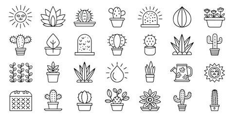 Black and white outline icons of indoor plants and cacti in pots a minimalist illustration with various succulents flowers and garden accessories