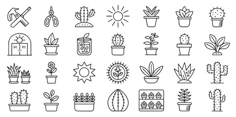 Collection of botanical line art illustrations including cacti succulents and foliage perfect for gardening and plant enthusiasts