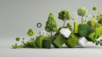 Vibrant modern eco-friendly landscape showcasing sustainable growth and renewable energy with lush greenery and abstract design elements