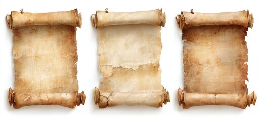 Aged scrolls, three ancient parchment scrolls on white background