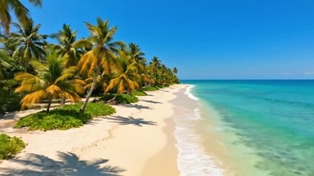 Tropical beach with palm trees and turquoise ocean under blue sky