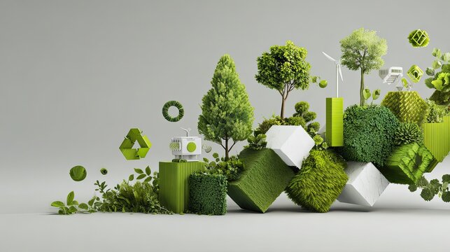 Vibrant modern eco-friendly landscape showcasing sustainable growth and renewable energy with lush greenery and abstract design elements