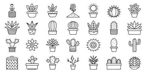 Diverse Collection of Potted Plants Line Art Icons for Interior Design and Gardening Concepts