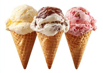 Three ice cream cones, showcasing different flavors