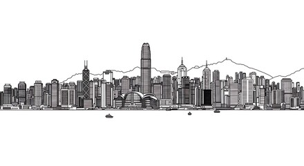 Naklejka premium Hong Kong Skyline Illustration with Victoria Peak and Boats on the Water