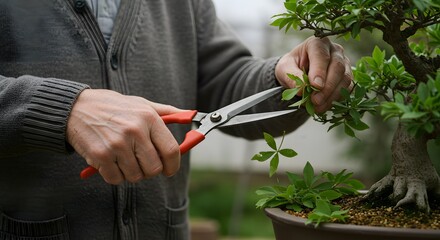 Gardener carefully pruning a small bonsai tree with pruning shears in a serene outdoor setting