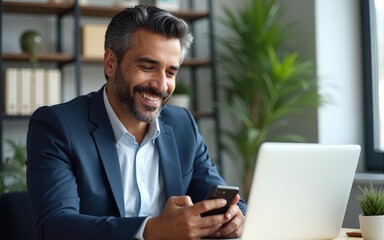 Middle aged Hispanic business manager ceo using cell phone mobile app, laptop. Smiling Latin or Indian mature man businessman holding smartphone sit in office working online on gadget with copy space.