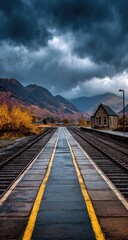 Fototapeta premium A railway platform stretches into a landscape of dramatic mountains and clouds