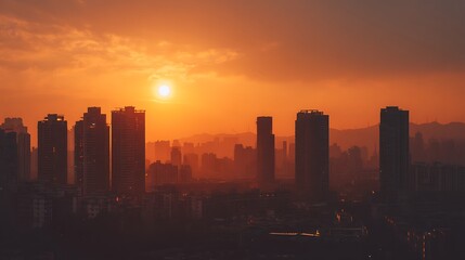 Stunning sunrise over modern cityscape creates vibrant, inspiring urban skyline with a warm golden glow