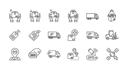Linear icons depicting logistics, delivery, and tracking, showcasing modern supply chain management