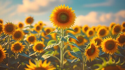 Obraz premium A vibrant field of sunflowers basks in the warm sunlight under a bright, cloudy sky.