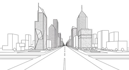 Linear Perspective Cityscape: Skyscrapers and Road Leading to the Horizon