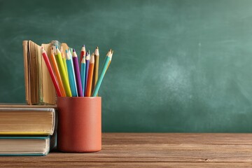 Fototapeta premium Colorful pencils in a terracotta pot, beside stacked books, in front of a chalkboard