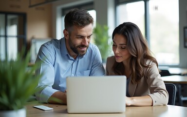 Obraz premium Mature Latin business man mentoring mid age European business woman discussing project on laptop in office. Two colleagues, group of partners, businessman and businesswoman working. Banner, copy space