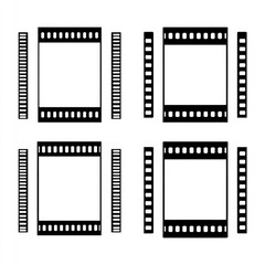 Four black and white film strip frames, arranged in a grid.  Each frame has a rectangular image area with perforations, and attached film strips extend to the side
