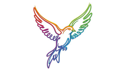 Obraz premium Flying Rainbow Bird Line Art on Black Background