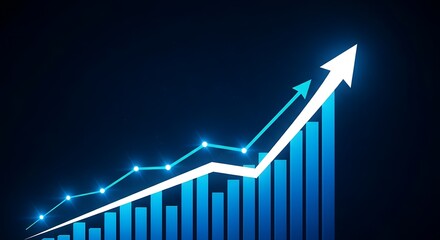 Glowing upward arrow and data graph symbolizing financial growth and positive economic trends against a dark background