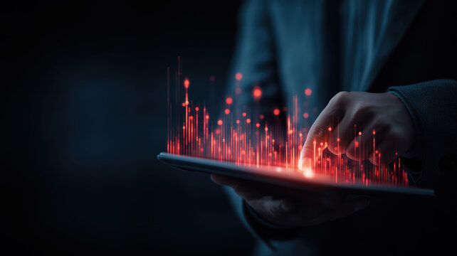 Real photo of CEO using tablet with floating holographic stock market data on dark background
