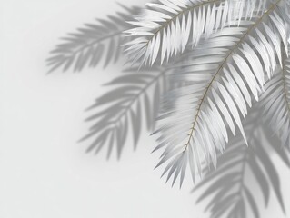 White palm leaves cast dramatic shadows on a light gray background