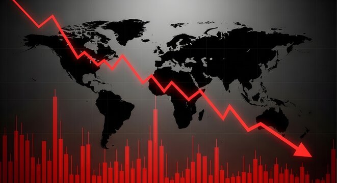 Global economic downturn illustrated by a red downward trend arrow superimposed on a world map
