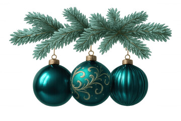 Teal glass baubles dangling from frosted evergreen branch, highlighting seasonal decorative elegance against clean white backdrop