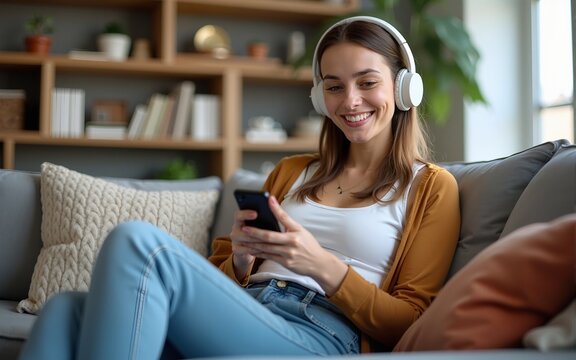 Happy smiling young student woman sitting on couch, listening music in headphones on mobile phone application. Relaxing girl at new real estate apartment home using mobile phone online app. Copy space