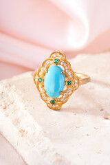 Close-up of exquisite gold gemstone ring