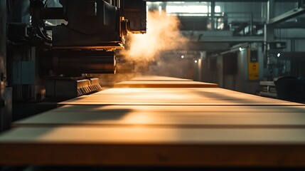 Industrial Machine Processing Wood with Sawdust and Warm Light
