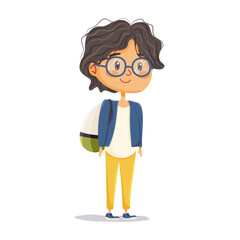 Schoolboy with short dark hair, glasses, blue jacket and green backpack. Vector illustration, ideal for school, education and childrens projects