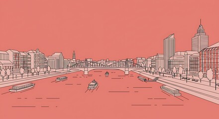 Obraz premium Minimalist Cityscape Illustration Featuring River, Boats, Bridge, and Buildings in Pink