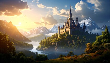 Majestic fantasy castle on a hill with a snow-capped mountain background at sunset.