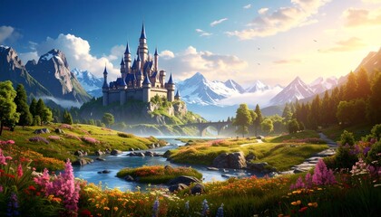 Majestic fantasy castle on a hill with a snow-capped mountain background at sunset.