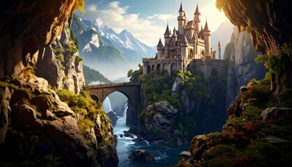 Majestic fantasy castle on a hill with a snow-capped mountain background at sunset.