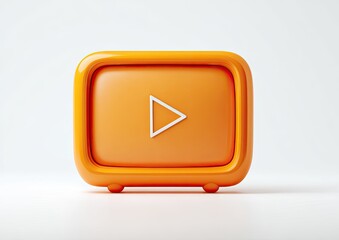 Orange play button in a retro-style TV. A 3D rendered orange rectangle, shaped like an old-fashioned TV, displays a white play icon
