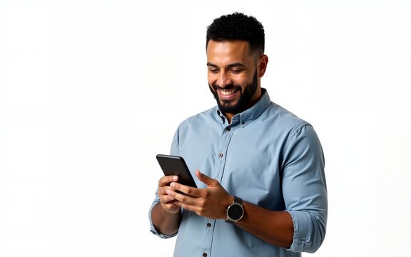 Smiling hispanic business man using smartphone mobile phone device for online financial bank transactions. 40s freelancer entrepreneur in casual shirt holding cellphone isolated on white background