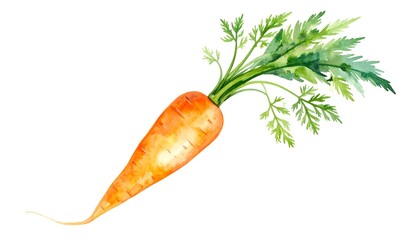 Watercolor painting of a single orange carrot with green leafy top on a white background