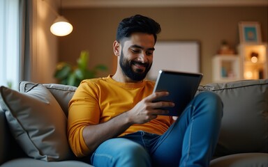 Millennial indian man using tablet reading news browsing internet, watching videos, checking social networks relaxing on couch sofa in living room. Online work, education or communication concept