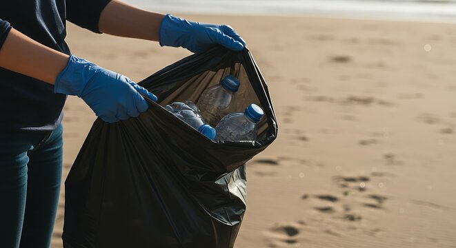 A volunteer wearing gloves collects plastic bottle pollution in a trash bag during a beach cleanup. Environmental conservation concept.