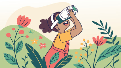 Girl using vr headset in a garden looking through binoculars made of household items outdoors in nature