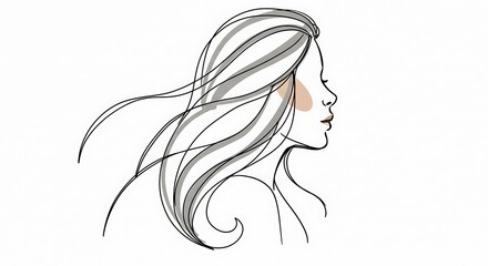 Naklejka premium Minimalist Line Art: Woman's Profile with Flowing Hair and Subtle Color Accents