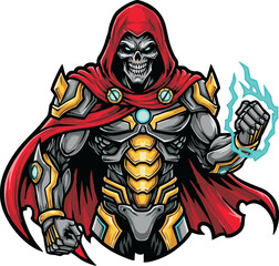A menacing skeletal warrior with a red hood, armored, and wielding energy.