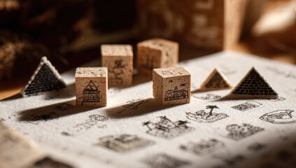 Close-up of small, light-brown wooden stamps, shaped like cubes and pyramids, resting on a page filled with hand-drawn sketches of buildings, pyramids, and ships