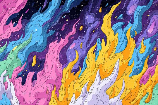 Abstract cosmic flames in vibrant colors against a night sky - Powered by Adobe