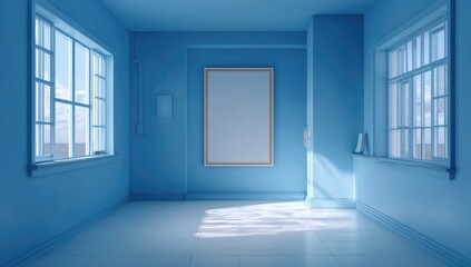 Obraz premium A bright, sunlit, empty room, painted a pale blue. A blank canvas hangs on the wall