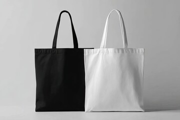 Two blank canvas tote bags, black and white, on a light gray surface