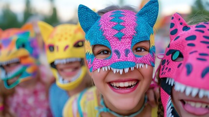 Children carnival masks colorful animal costume party playful kids cheering, laughter, vibrant festive group with creative handmade designs and friendship celebration outdoors