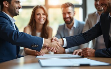 Latin bank worker man shaking hand with client, recruit female employee or business partner after signing a contract. Group of people satisfied with results of team work together. Banner, copy space