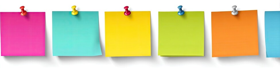 A horizontal row of colorful sticky notes, each pinned to a white surface