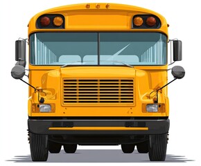 Front view of a bright yellow school bus.  The bus is depicted in a highly detailed, cartoon-like style.  